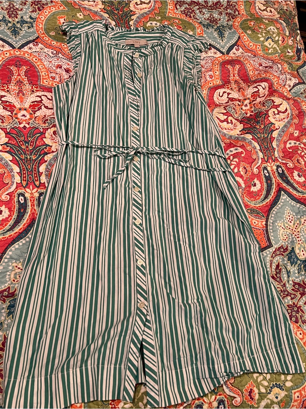 LOFT Green and White Striped Midi Button-Front Dress